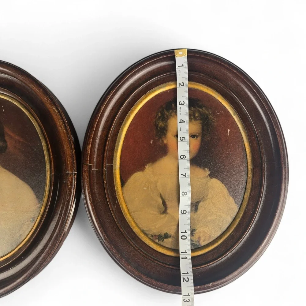 Pair‎ Of Antique Mother And Child Oval Portraits Wooden Frame 19th Century